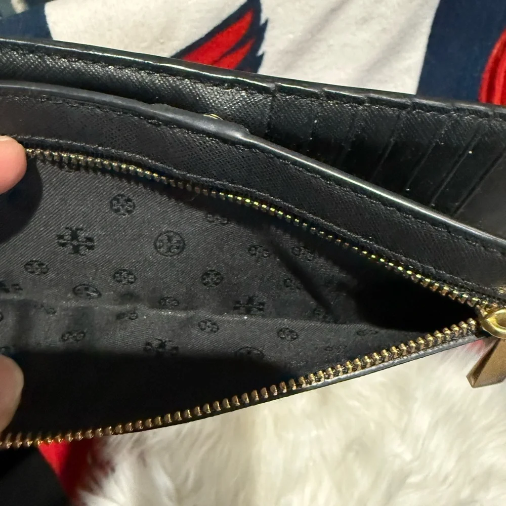 Tory Burch Black Leather Continental Wallet with Gold Logo